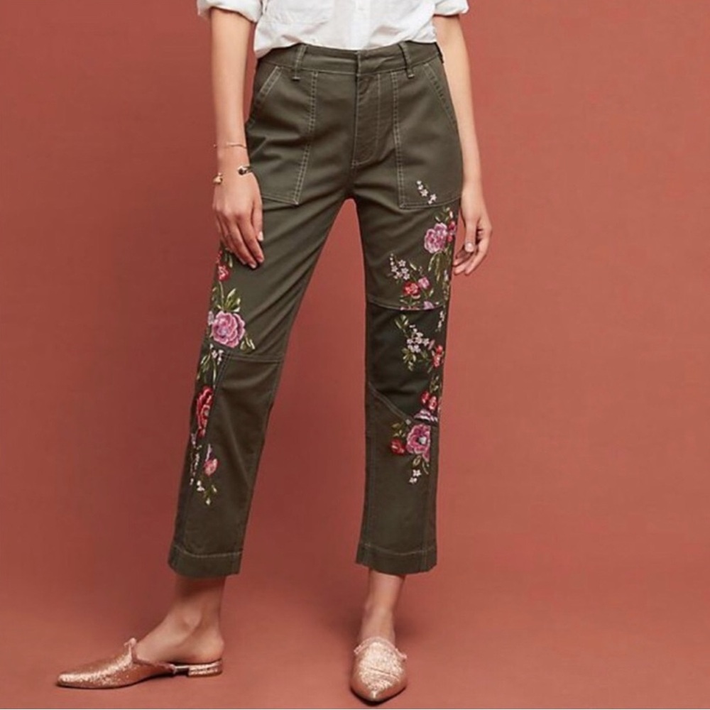 Anthropologie Green Khaki Embroidered Pants - Picture 3 of 11